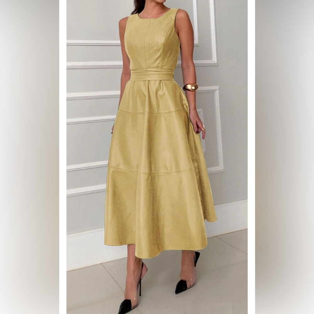Chic Gold faux leather PU Midi Dress New with tags S